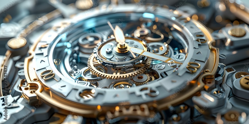 Poster an elegant and detailed 3d clockwork design exemplifying the fusion of time and tech. concept clockw
