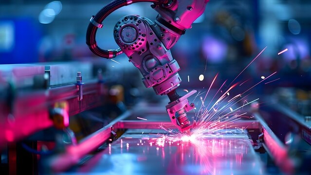 Sparking Robot Arm Assembly Machine in Factory Workshop During Automated Production. Concept Factory Workshop, Automated Production, Robot Arm Assembly, Sparking, Machine