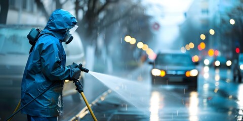 A person wearing protective gear power washes city streets in rain. Concept Power Washing, City Streets, Protective Gear, Rainy Day, Urban Maintenance