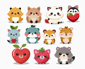 cute cartoon animals Collection of wild and farm character designs, fruits, food, hearts Set . vector Illustration.Separate background