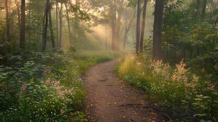 Forest Trail at Dawn;
 beauty of a forest trail at dawn. The soft, golden sunlight filters through the dense canopy, creating intricate patterns of light and shadow on the forest 