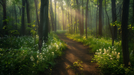 Forest Trail at Dawn;
 beauty of a forest trail at dawn. The soft, golden sunlight filters through the dense canopy, creating intricate patterns of light and shadow on the forest 