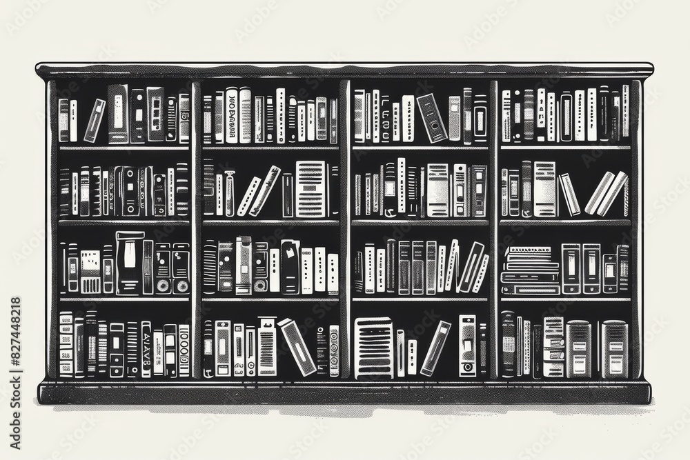 Aufkleber black and white illustration of a bookshelf filled with books, symbolizing knowledge and organizatio