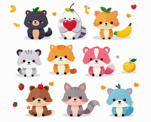 Set of cute cartoon animals Collection of wild and farm character designs, fruits, food, hearts.vector Illustration.Separate background