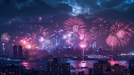 Stunning fireworks display over a city skyline at night, illuminating buildings and water with colorful, vibrant explosions and sparkles.