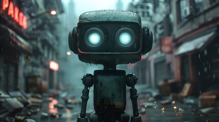 Fototapeta premium Cute 3D robot zombie character with glowing eyes surrounded by ghosts