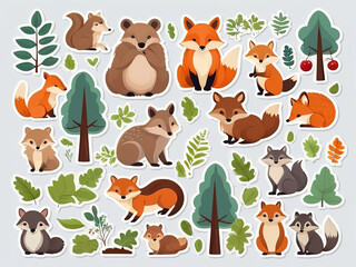 Fototapeta premium Stickers with wild animals in the forest, Green trees for children. Collection of vector illustrations, flat icons, isolated background.