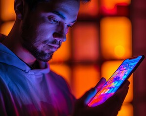 An educator demonstrating the use of an educational app on a smartphone to enhance interactive learning, blacklight effect