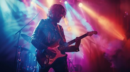 An electric guitarist performing a solo on stage with vibrant stage lights casting dramatic shadows, blacklight effect