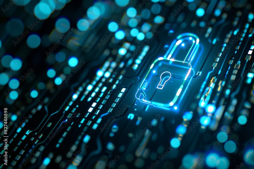 Poster digital padlocks on a circuit board symbolizing data protection and cyber security in a futuristic n