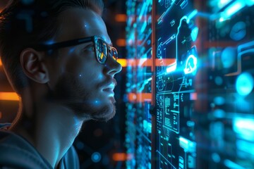 Naklejka premium Network administrator monitoring network traffic through holographic displays, in server room, live network status streaming. Network management tech, live data monitoring. , background blur