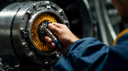 meticulous process of an aircraft technician repairing a turbine. Focus on the close-up details