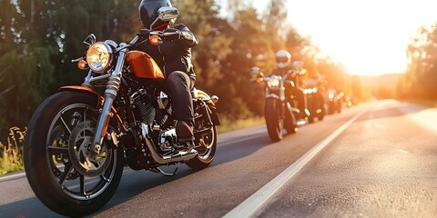 Motorcycles lined up along a sunny road on a clear day. Concept Motorcycle, Sunny Day, Roadtrip, Outdoor Adventure, Clear Skies