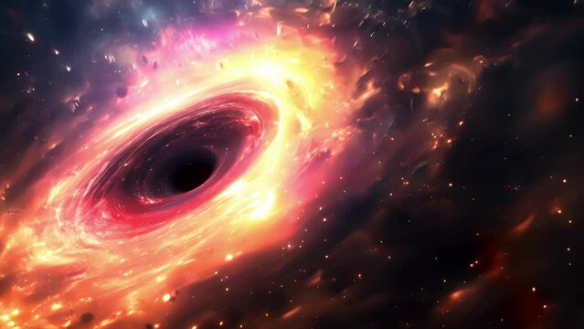 A storm of antimatter particles surrounds the rim of a black hole creating a fierce and chaotic environment.