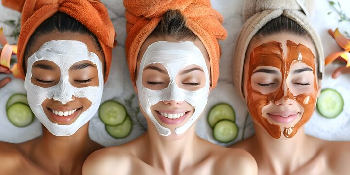 Women enjoy spa day with face masks and cucumber slices relaxation together. Concept Spa Day, Face Masks, Relaxation, Women's Wellness, Self-care