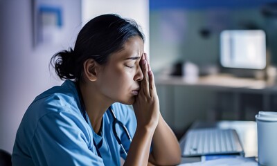 A healthcare professional, dressed in blue scrubs, is seated at a workstation. stress or burnout, hand covering their face. 