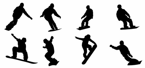 set silhouettes of snowboarder. Snowboard sport set. Isolated on white background.
