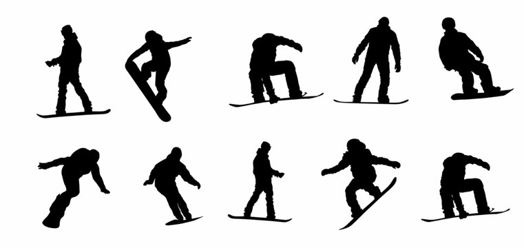set of snowboard silhouette. Collection of snowboarding rider. 