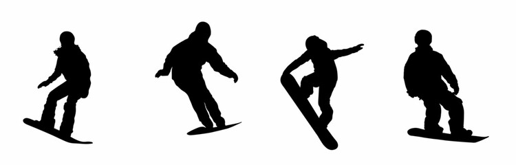 set silhouettes of snowboarder. Snowboard sport set. Isolated on white background.