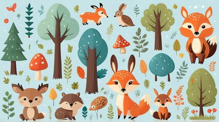 Stickers with wild animals in the forest set green tree Cartoon flat vector collection isolated on white.