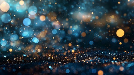 Obraz premium Magical abstract glitter lights banner with a blend of blue, gold, and black particles, forming a dreamy de-focused effect.