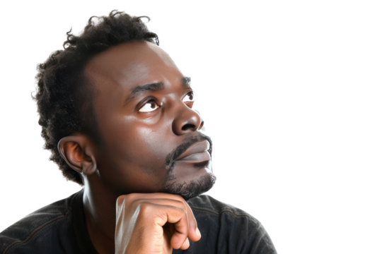 African American man gazing into the distance, conveying a sense of depth and inner wisdom. isolated on white background.