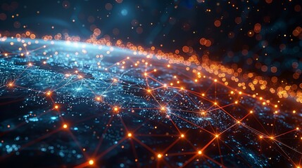 Obraz premium Seamless global communication network, world map with connecting lines, space-themed background