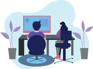 The boy is working on the monitor.