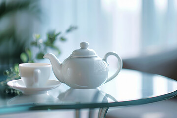 White porcelain kettle with a white cup next to it on a glass table close-up in a bright room with space for text or inscriptions
