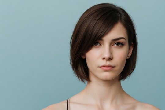 Thoughtful androgyne woman against a blue background with copy space.