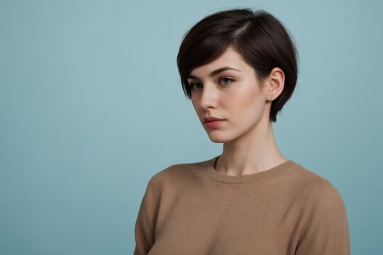 Thoughtful androgyne woman against a blue background with copy space.