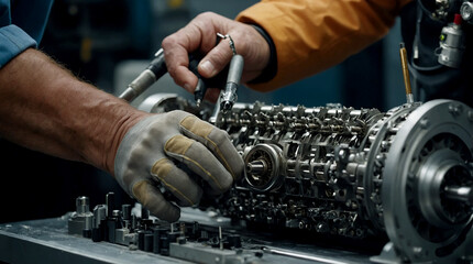 meticulous process of an aircraft technician repairing a turbine. Focus on the close-up details