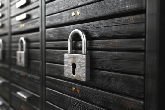 Metal padlock on a black server rack symbolizing physical security and data protection in a high tech environment