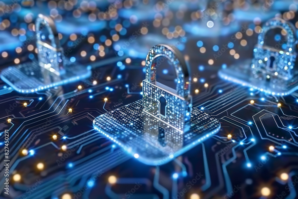 Poster close up of digital locks on a circuit board symbolizing data protection and cyber security in a hig