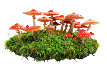 A whimsical scene featuring a circle of Fly agaric mushrooms, their vibrant red caps forming a vibrant contrast against the emerald green moss, rendered  on a white background.