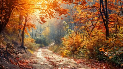 Obraz premium Sunlit autumn forest path with vibrant red and orange foliage, leading into a serene and mysterious woodland. Perfect fall scene for nature lovers.