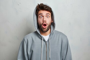 Portrait of a shocked young adult male wearing a hooded sweatshirt against a gray background