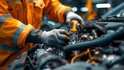 Mechanic fixing car engine in auto repair shop. Concept Automotive Repair, Car Maintenance, Mechanic Work, Vehicle Troubleshooting, Engine Repair