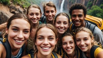Obraz premium A diverse group of friends with backpacks smiles brightly, capturing a selfie with a stunning waterfall in the background, amidst lush greenery and rocky terrain.