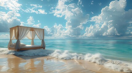 Minimalist gazebo with sofas at luxury beach retreat resort in morning sunlight. Bar terrace on sea coast against fluffy clouds in blue sky