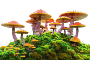 A whimsical scene featuring a circle of Fly agaric mushrooms, their vibrant red caps forming a vibrant contrast against the emerald green moss, rendered  on a white background.