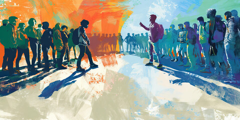 The Line in the Sand: Defining Boundaries at College Protests - An illustration showing students and authorities facing off against each other, with a clear boundary separating the two sides