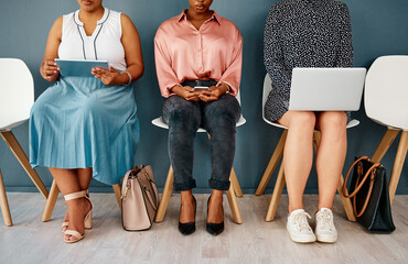 Business people, waiting room and job recruitment for interview on chair row, technology or human...