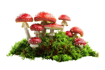 A whimsical scene featuring a circle of Fly agaric mushrooms, their vibrant red caps forming a vibrant contrast against the emerald green moss, rendered  on a white background.