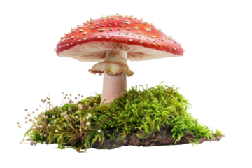 A whimsical scene featuring a circle of Fly agaric mushrooms, their vibrant red caps forming a vibrant contrast against the emerald green moss, rendered  on a white background.