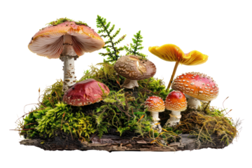 A whimsical scene featuring a circle of Fly agaric mushrooms, their vibrant red caps forming a vibrant contrast against the emerald green moss, rendered  on a white background.