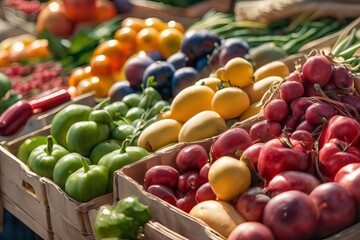 Vibrant farmers market abuzz with fresh produce on a sunny day in the outdoors.