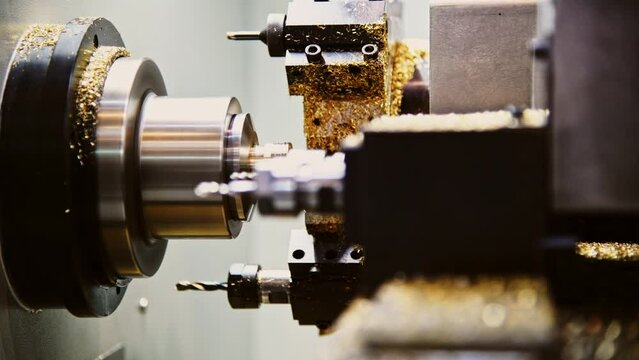 The CNC lathe machine forming cutting the metal shaft parts