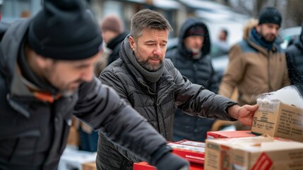 Fototapeta premium A group of European men with boxes at a humanitarian center distribute boxes with items. Concept of social assistance to refugees.