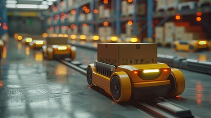 Logistics warehouse with robotic assistants collecting orders without human presence
